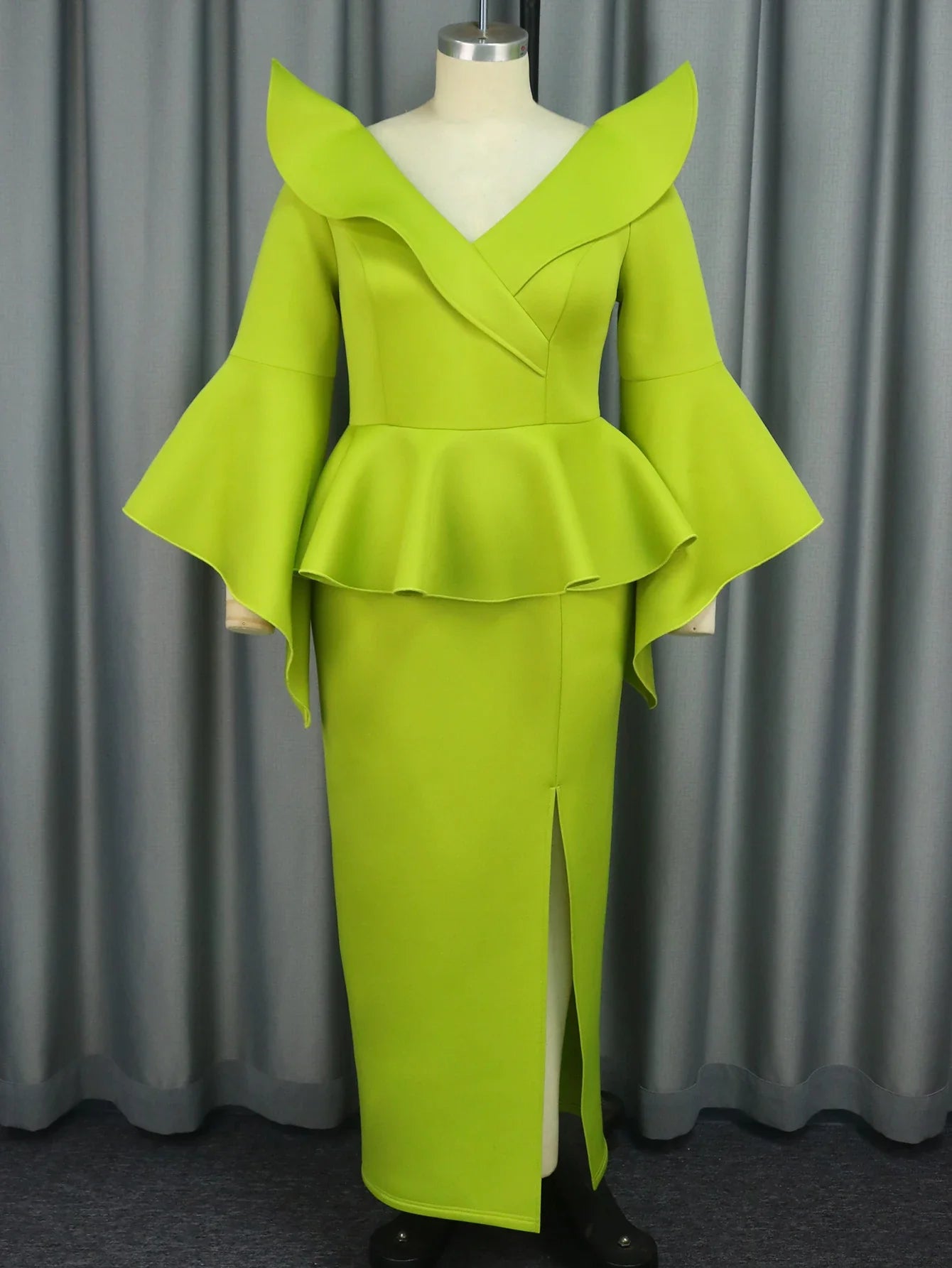 Green V Neck Birthday Party Dress With Ruffles And Slit Long