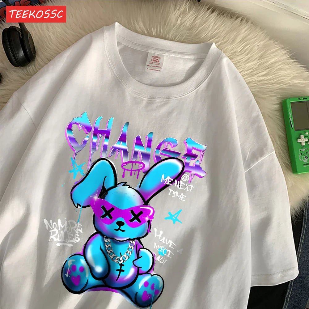 Trendy Cartoon Rabbit Print Summer T-Shirts for Women in Soft Cotton Short Sleeve Loose Fit Casual Tops