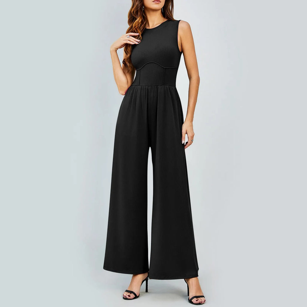 Women Sleeveless High Neck Ribbed Tank Top Jumpsuit Wide Leg Pants Romper with Tummy Control and High Waist Casual Summer Outfit
