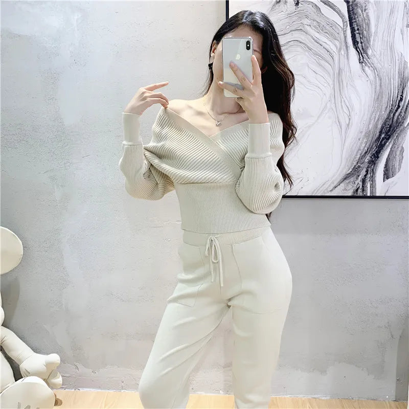 Elegant Sexy Two Piece Tracksuit for Women Ribbed Knitted Backless Crop Top and Long Harem Pants Autumn Lounge Set