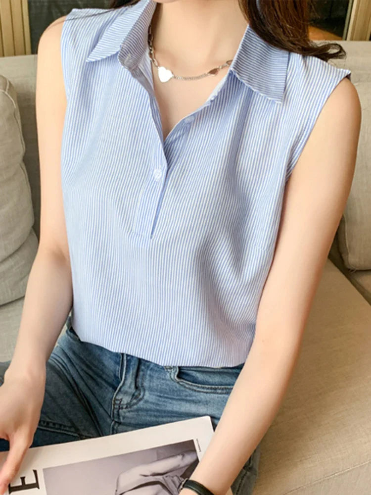 Sleeveless Casual Striped Blouse for Women Lightweight Office Blouse Basic Summer Top with Comfortable Fit