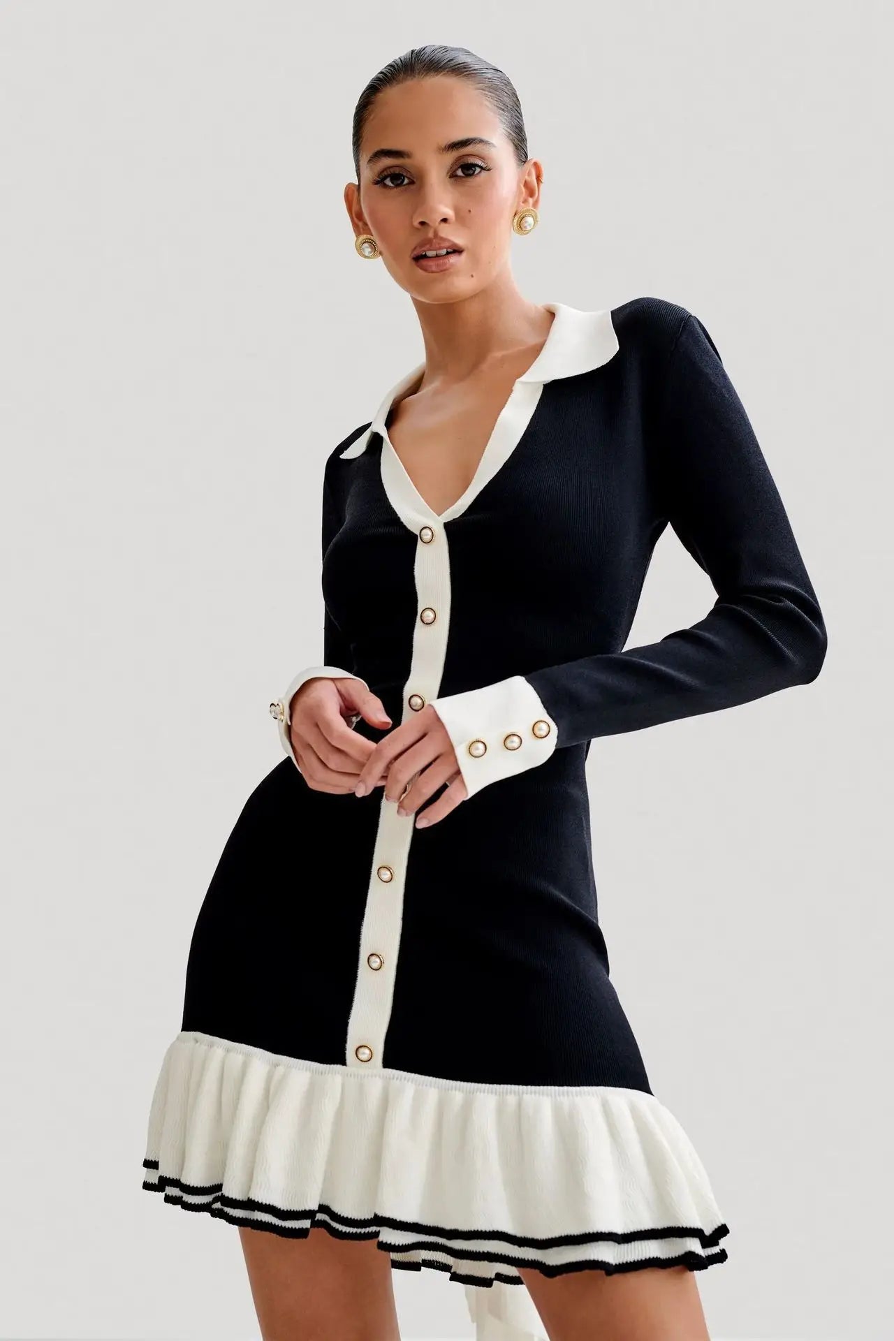 Knitted Dress With Pearl Buckle And Ruffle Edge Sleeves