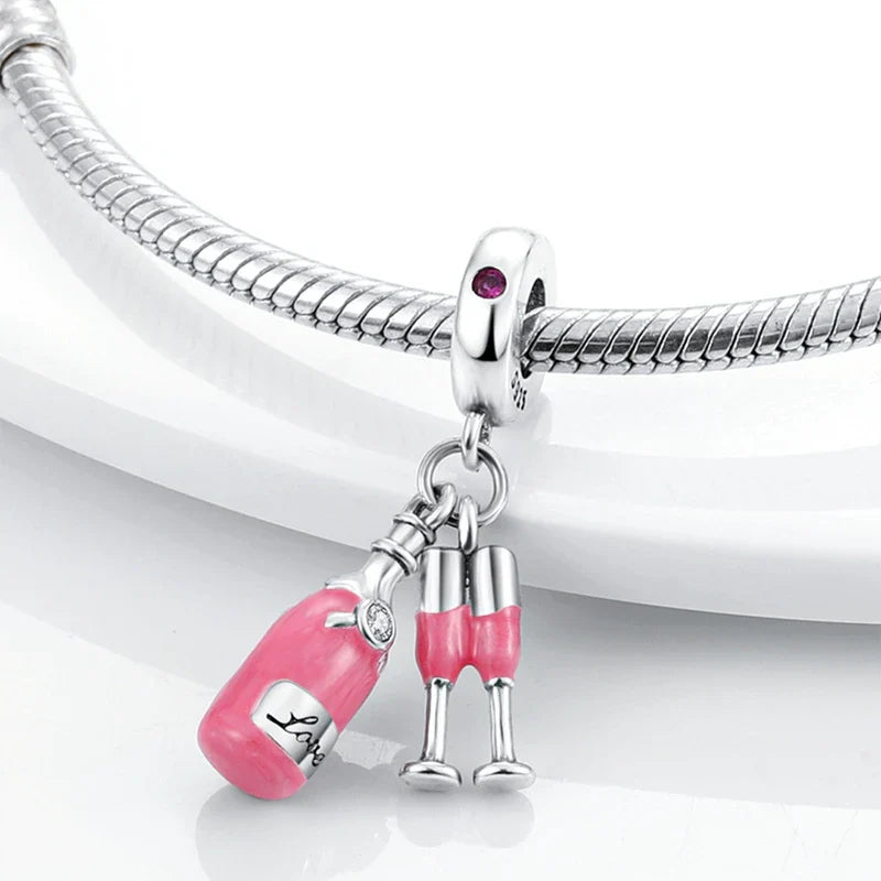 Fit 925 Sterling Silver Bow Perfume Bottle Pink Charms Beads for Women DIY Jewelry Gifts