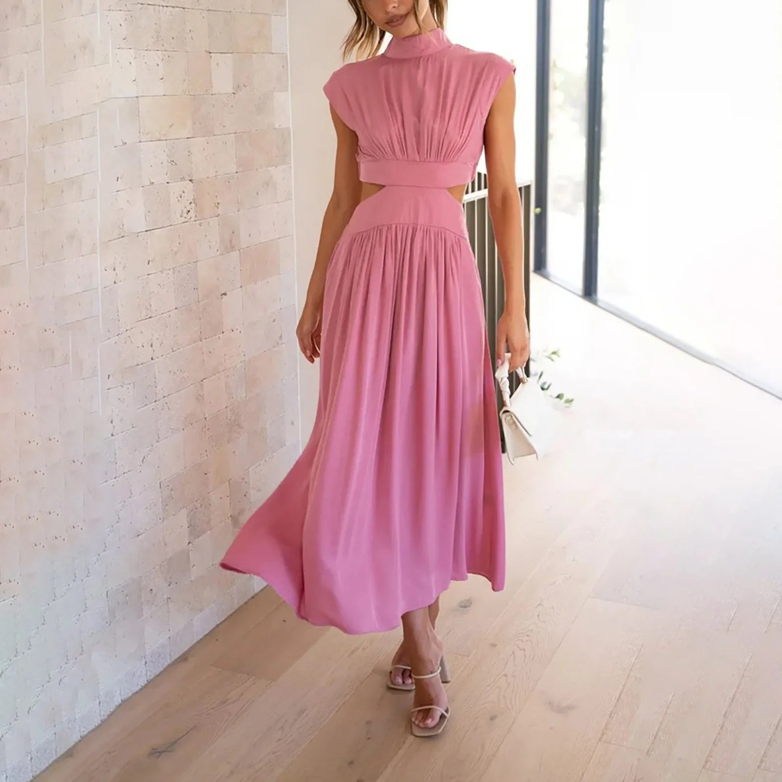 Solid Color High Waist Maxi Dress Sleeveless With Pockets