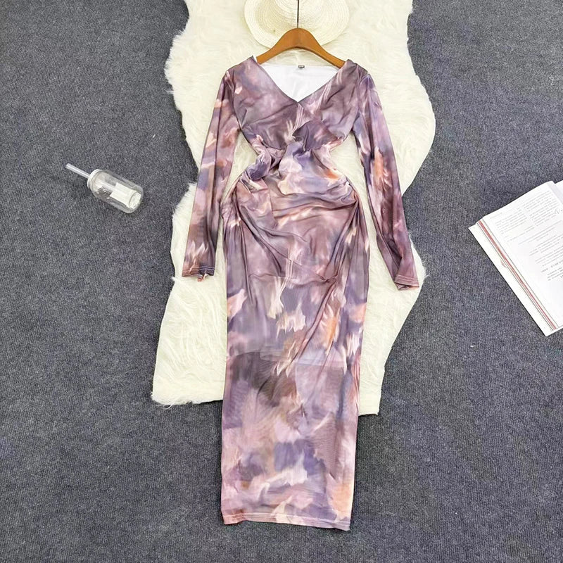 Mesh Print Maxi Dress With V Neck Full Sleeve Bodycon