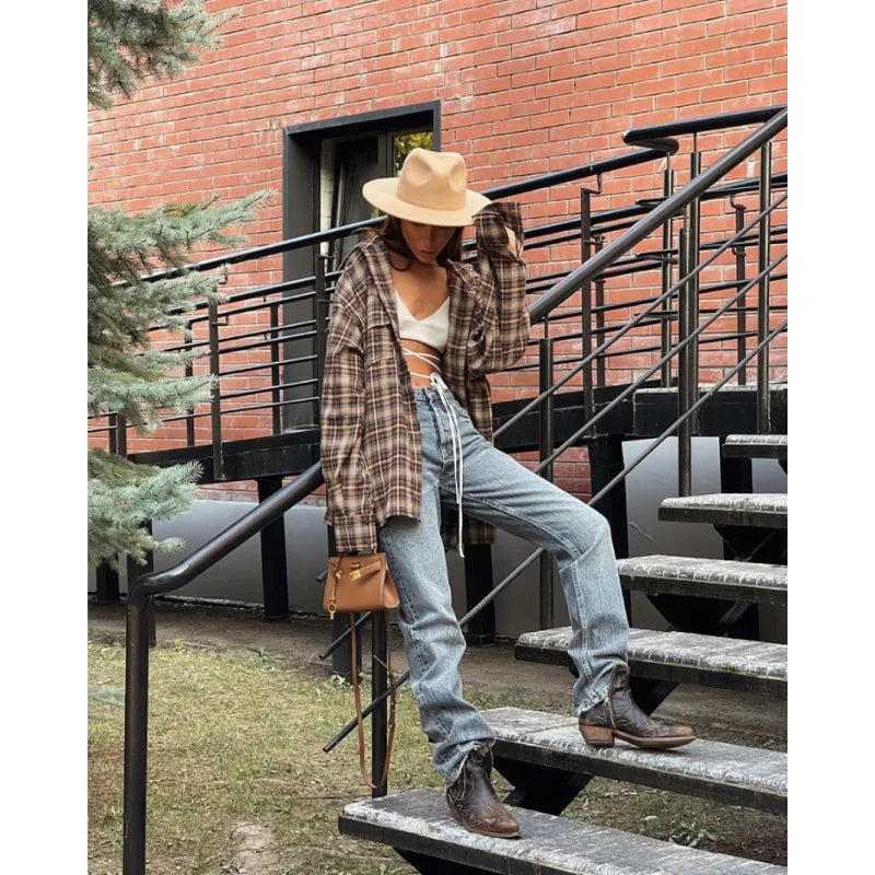 Vintage Plaid Oversized Loose Long Sleeve Blouse Casual Khaki Shirt for Women