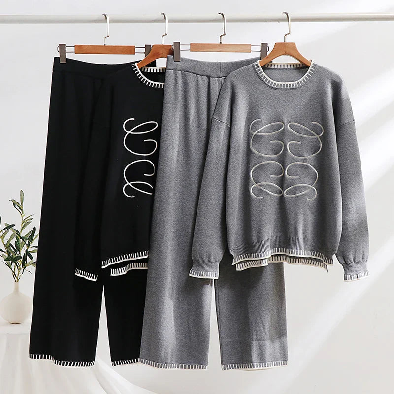 Cozy Thick Knitted Two Piece Tracksuit Set for Women Long Sleeve Sweatshirt and Pants Winter Loungewear