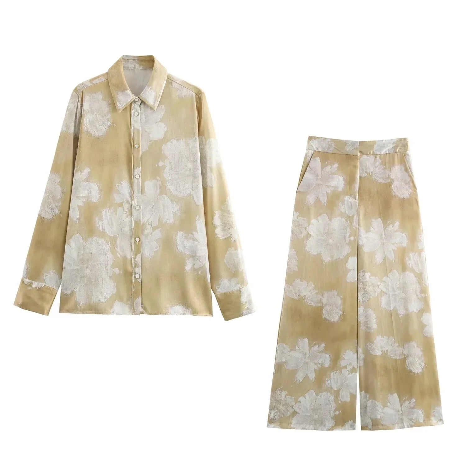 Silk Satin Flower Print Long Sleeve Shirt and Pants Set for Women
