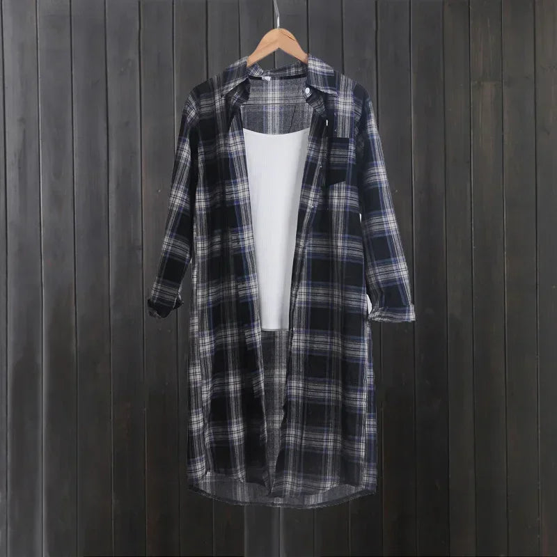 Women's Plaid Long Sleeve Shirt Vintage Button-Up Blouse Casual Lightweight Summer Top