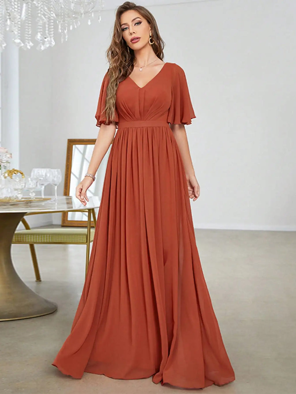 V Neck Flared Short Sleeve Lightweight Chiffon Dress
