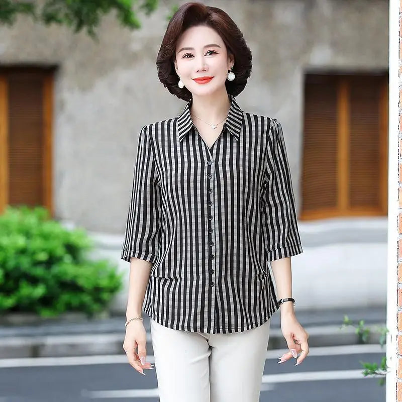 Elegant Plaid Print Loose Fit Button Down Shirt for Women with Turn Down Collar and Casual Half Sleeves Versatile Ladies Blouse Top for Everyday Wear