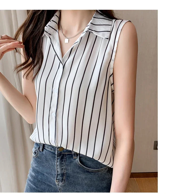 Striped Sleeveless Chiffon Blouse for Women Summer Vest Casual Lightweight Tops Basic White Shirt