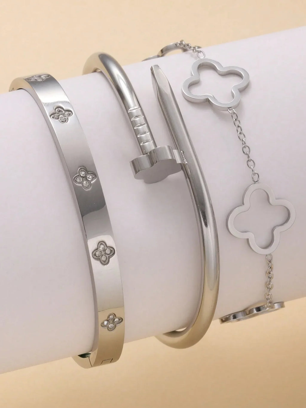 3PCS Lucky Clover Women's Bracelet Set High Quality Stainless Steel Charm Jewelry Gift