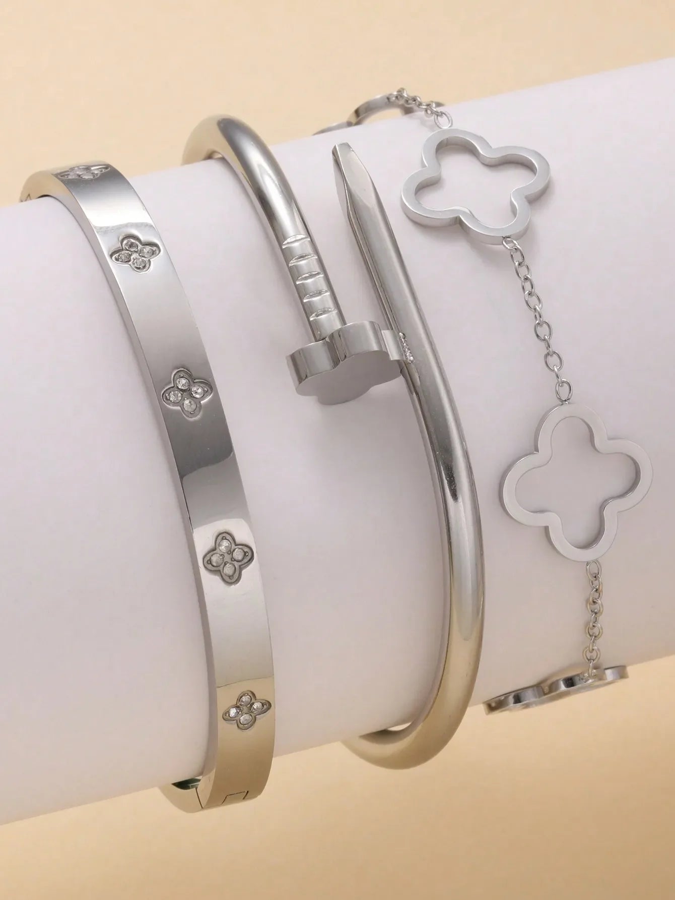 3PCS Lucky Clover Women's Bracelet Set High Quality Stainless Steel Charm Jewelry Gift