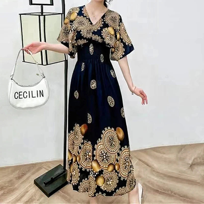 Chic Womens V Neck Vintage Boho Print A Line Dress Style