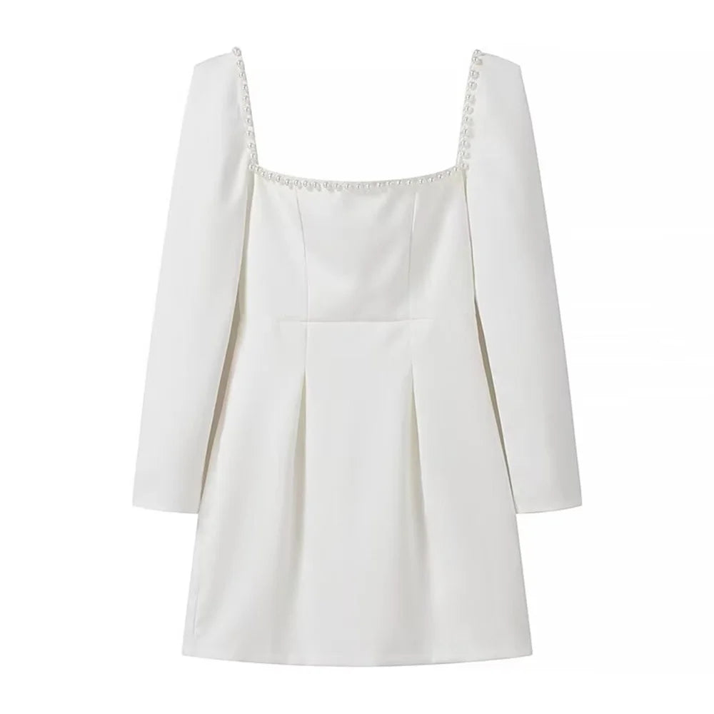 Pearl Embellished Square Neck Dress Slim Fit A Line