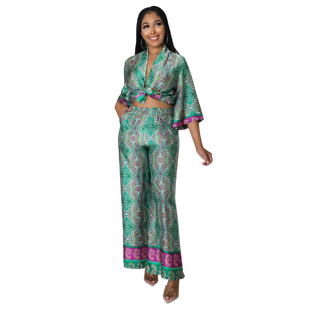Women's Imitation Silk Printed Two Piece Set with Lace-Up Long Sleeve Top and Wide-Leg Pants for Casual Street Style