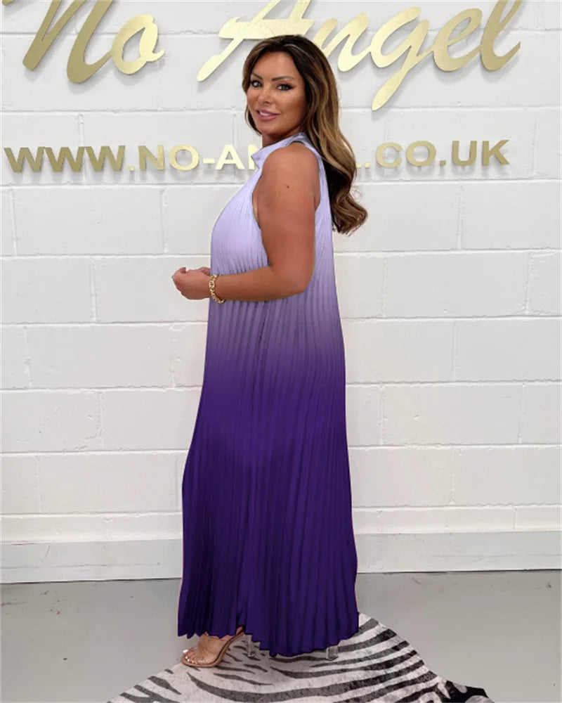 Pleated Sleeveless Gradient Round Neck Dress For Spring