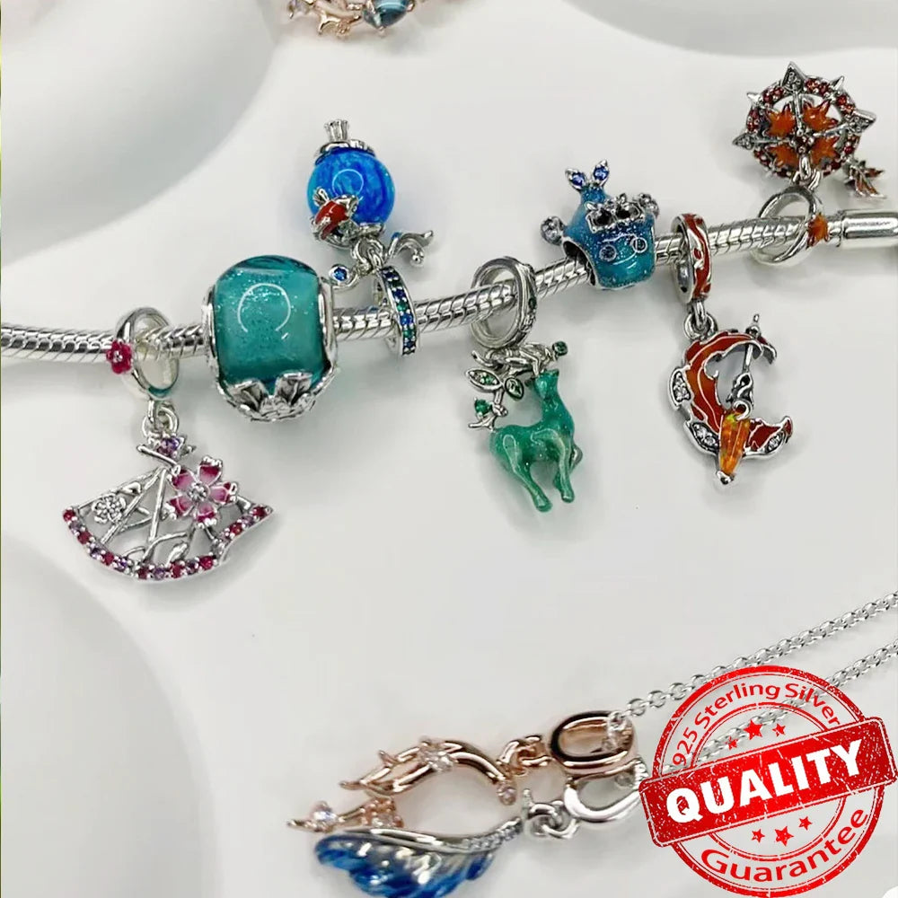 925 Sterling Silver Green Monstera Leaves Frog Dangle Charm for Necklace and Bracelet