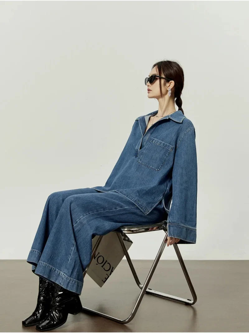 Casual Open Collar Denim Top with Pocket and Loose Wide Leg Drawstring Waist Denim Pants Two Piece Set for Women