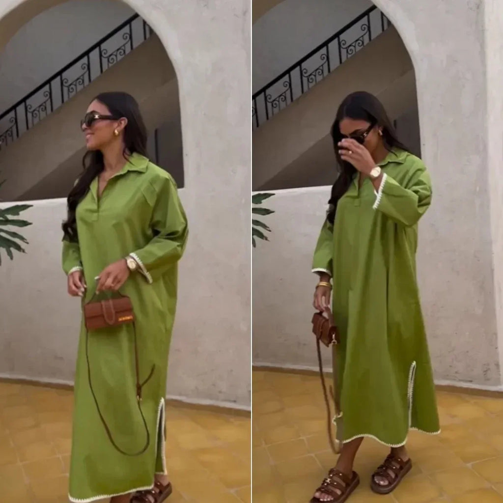 Green Embroidery Shirt Dress With Cuffed Sleeves Split Hem