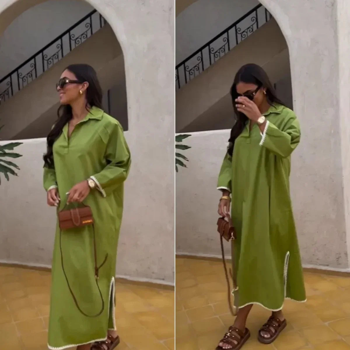 Green Embroidery Shirt Dress With Cuffed Sleeves Split Hem