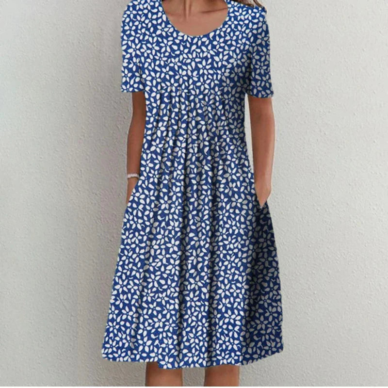Elegant Swing Dress Round Neck Short Sleeve Printed