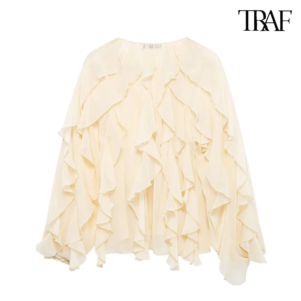 Elegant Solid Color Multi-Layered Ruffle V-Neck Sheer Long Sleeve Loose Blouse for Women