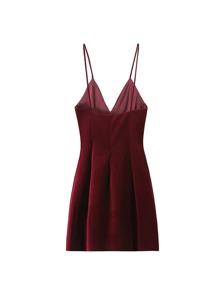 Velvet Fitted Mini Dress For Women V Neck Thin Straps Party