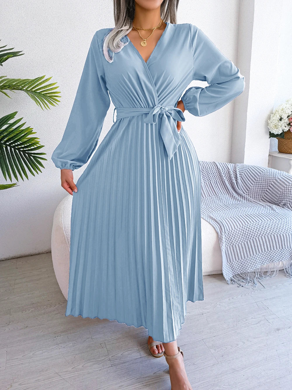 Elegant Surplice Neck Pleated Maxi Dress With Belt Flair