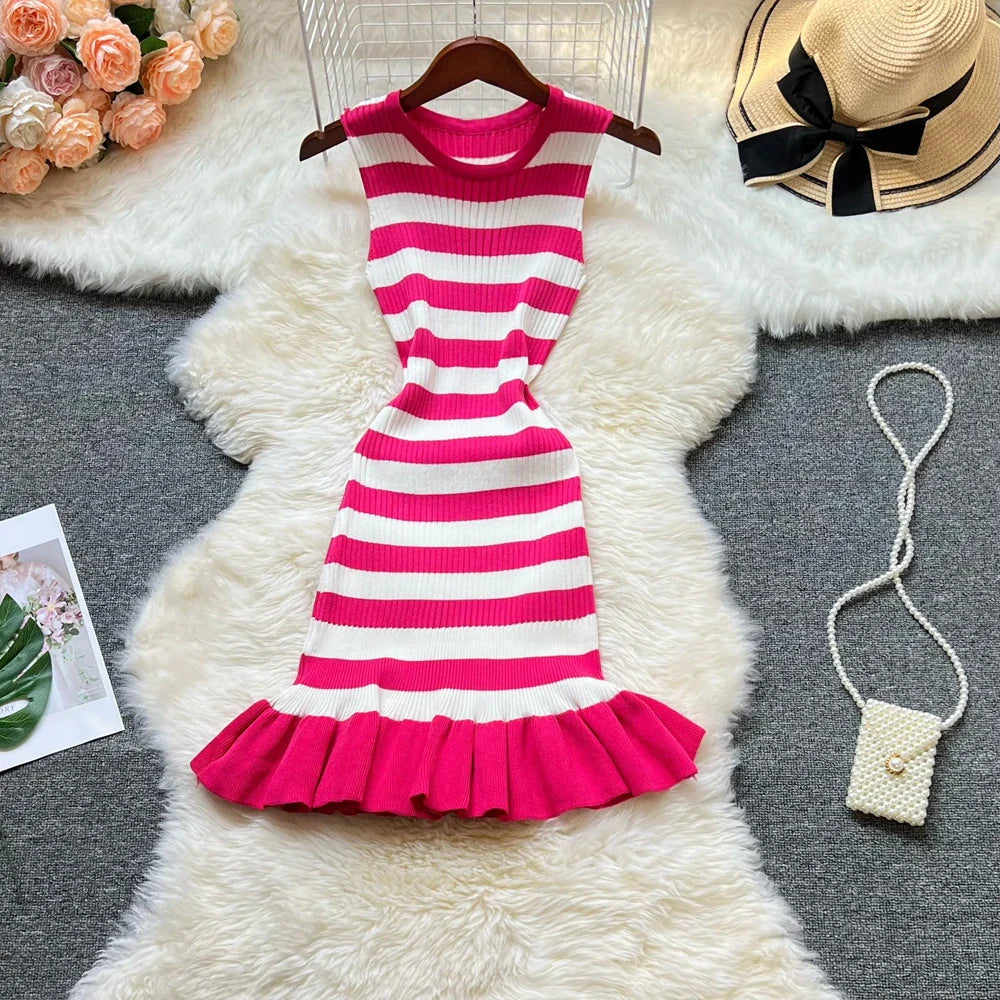 Ruffled Striped Knit Mini Dress For Summer Party Look