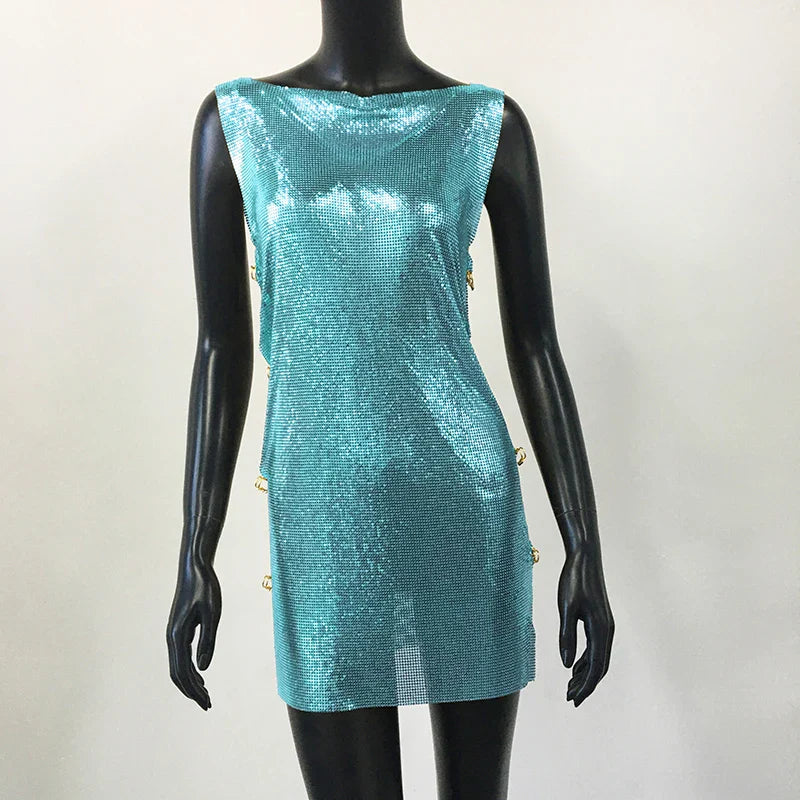 Y2K Metallic Sequins Mini Dress For Women Backless Clubwear