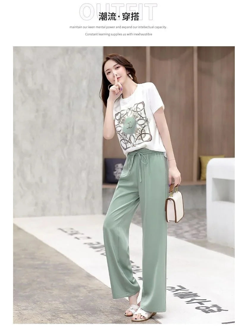 Women's Plus Size Two Piece Suit Set with Short Sleeve Tops and Wide Leg Pants for Casual Summer Fashion