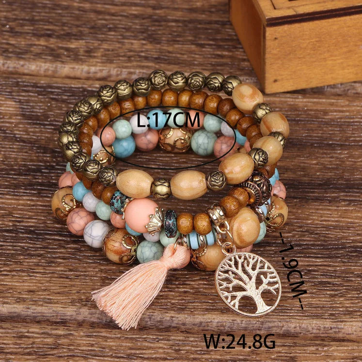 4Pcs Bohemian Tree Of Life Beaded Bracelet Set For Women Handmade Wood Beads Boho Jewelry