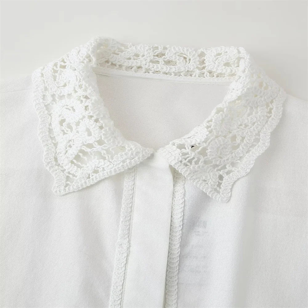 Women White Long Sleeve Blouse and Wide Leg Pants Set with Lace Trim Elegant Design