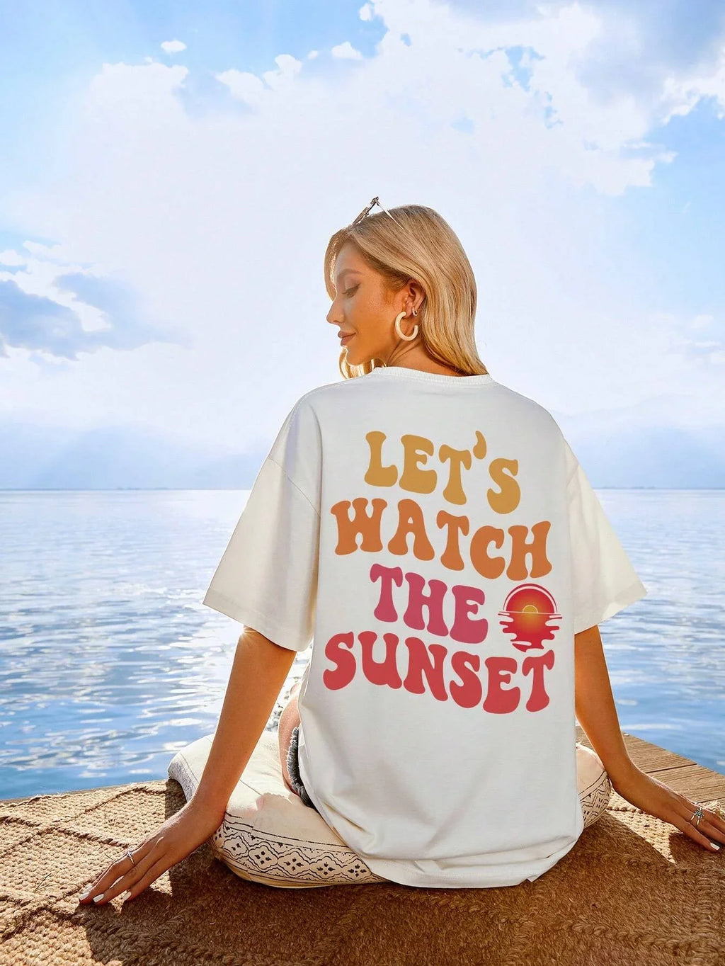 Let Us Watch The Sunset Print Women Cotton T-Shirt Casual Short Sleeve O-Neck Top for Daily Wear