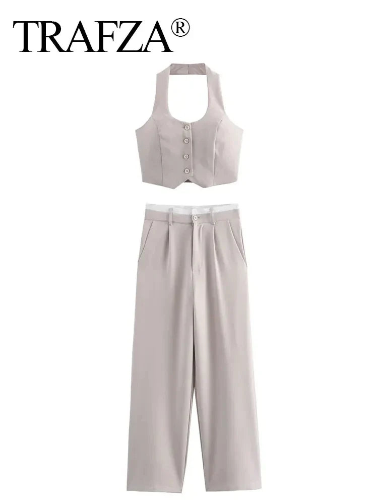 Halter Neck Solid Two Piece Set for Women with High Waist Long Pants and Stylish Vest Top