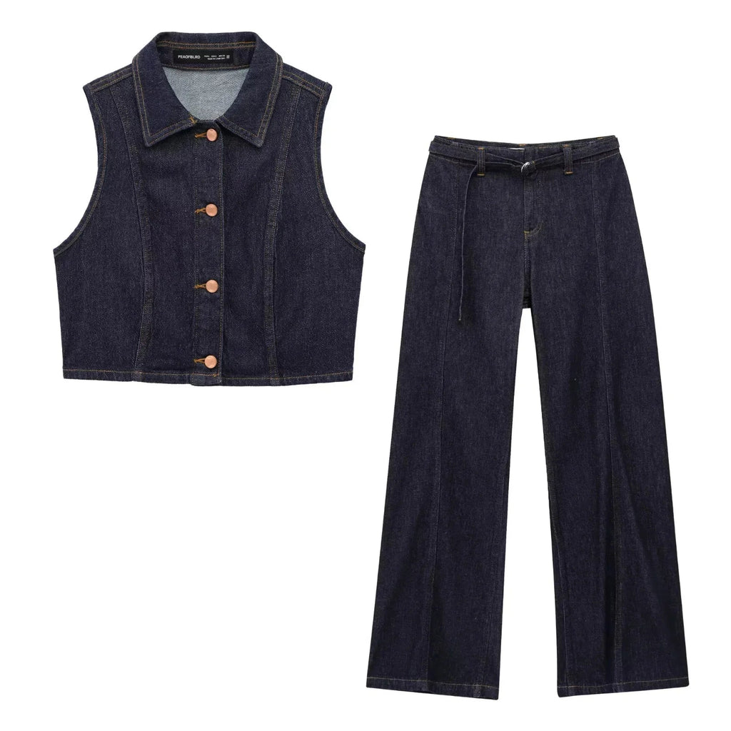 Chic Vintage Denim Women Suit Set Sleeveless Single Breasted Vest with Stylish Sash and Flare Pants Spring Summer Streetwear