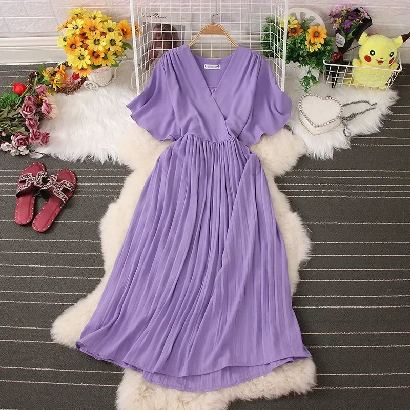 Chiffon Pleated Lace Up V Neck Dress For Women Summer