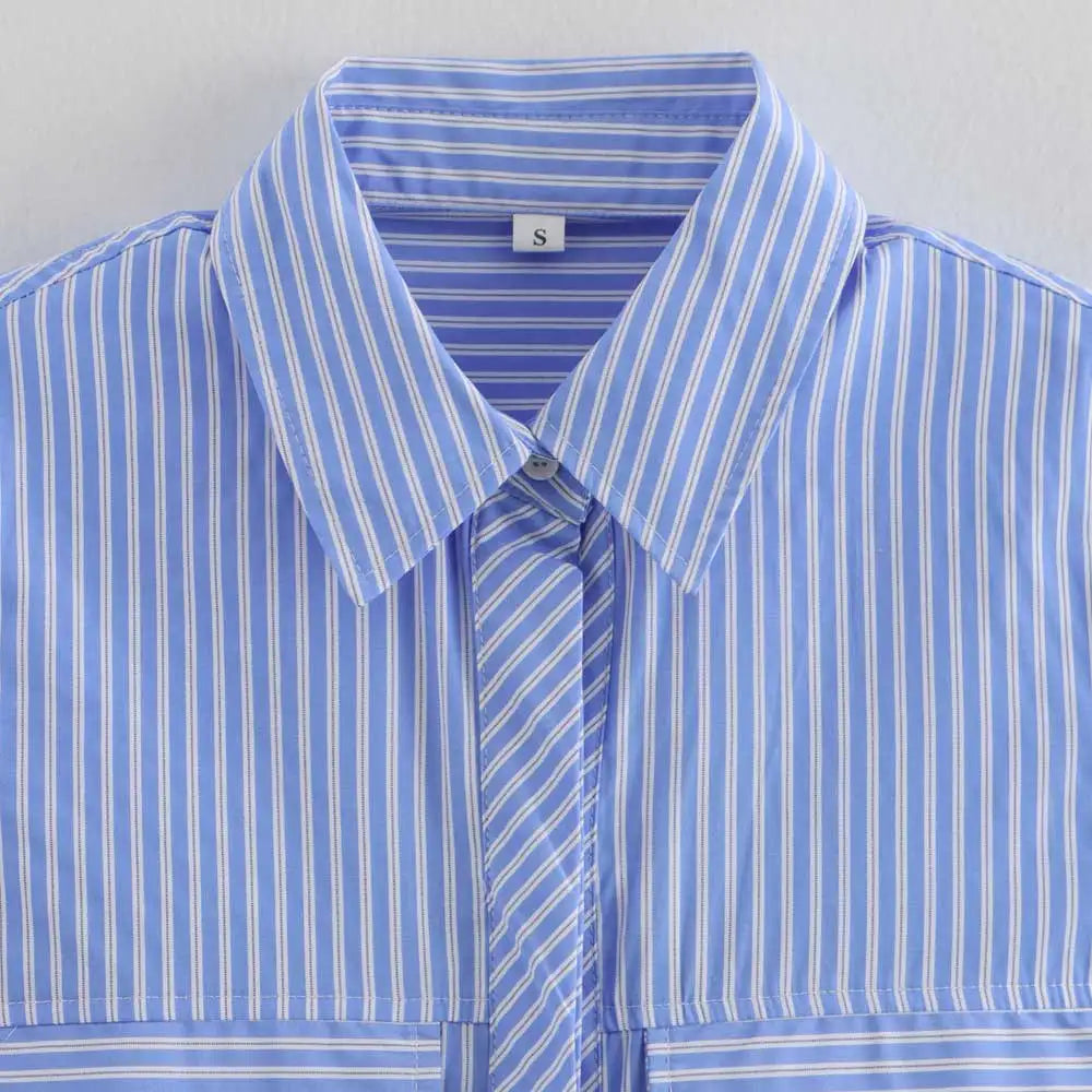 Women's Chic Striped Crop Shirt Long Sleeve Button-Up Blouse with Pockets Casual Fashion Top