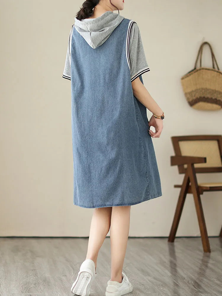 Denim Mini Dress Women Loose Elegant Vintage Casual