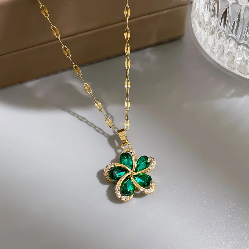 Stainless Steel Green Zircon Flower Pendant Necklace for Women Luxury Birthday Jewelry Gift