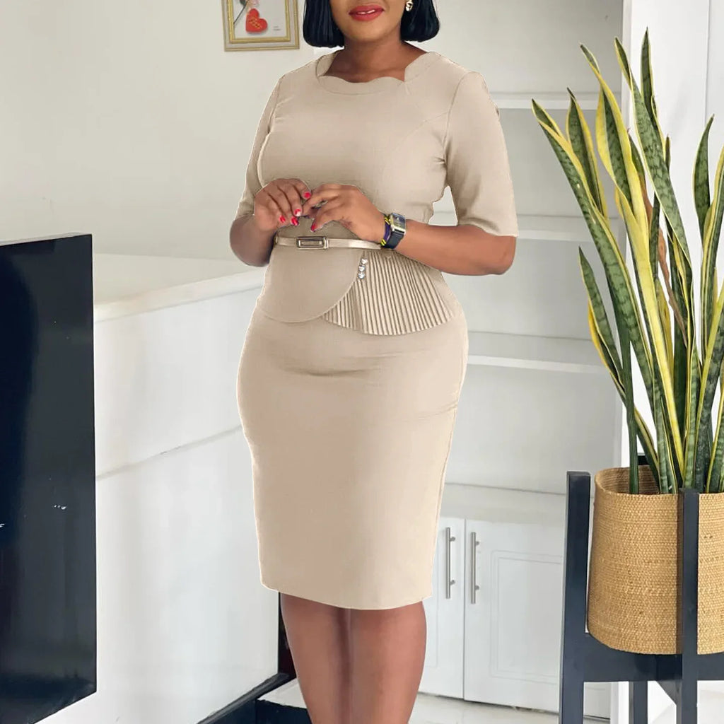 Women Square Neck Bodycon Midi Dress Belted For Work