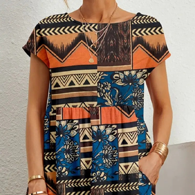 Women's Summer Casual Dress With Pockets Short Sleeve Print
