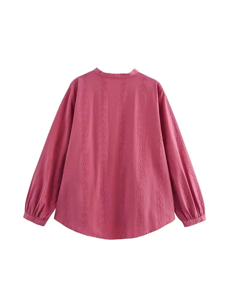 Womens Long Sleeve Cutwork Embroidery Shirt Chic Blouse with Front Covered Buttons Elegant Fashion Top