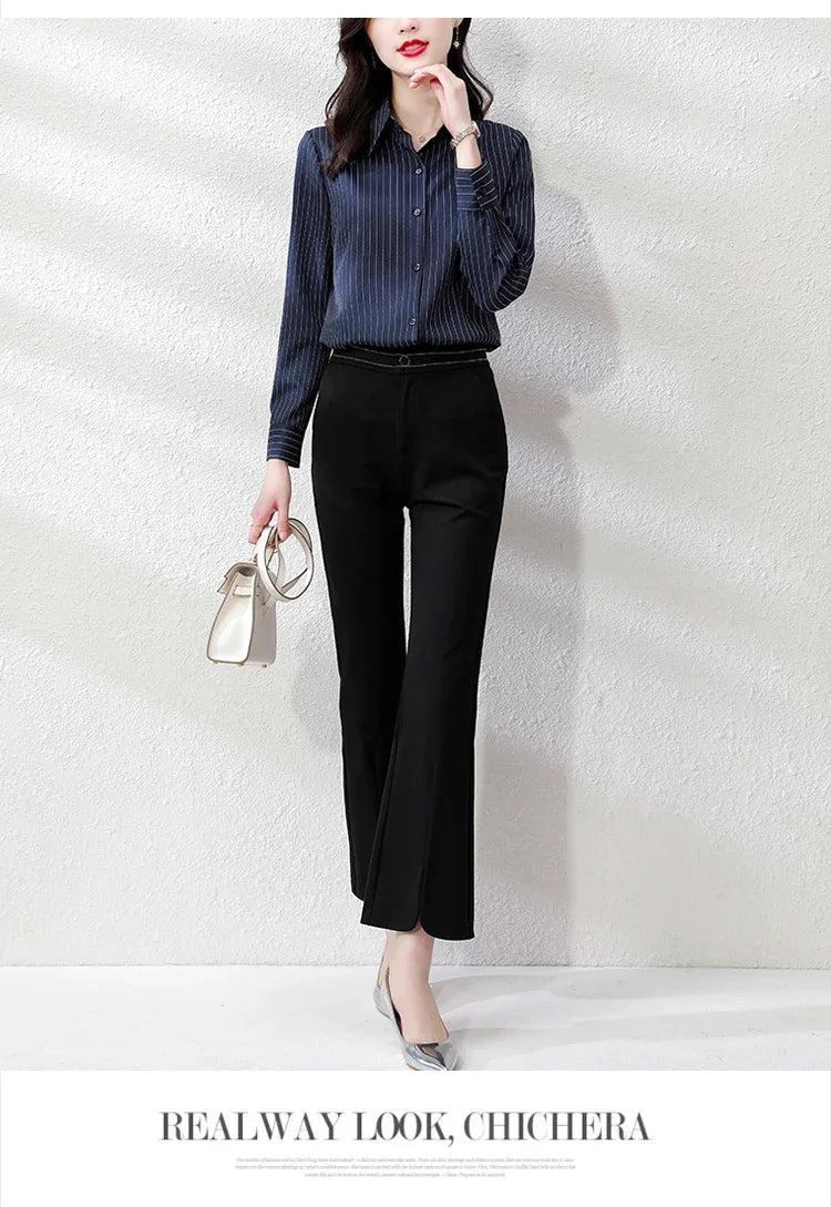 Striped Long Sleeve Women Shirt Button Up Blouse Lightweight Chiffon Tops Elegant Casual Office Wear