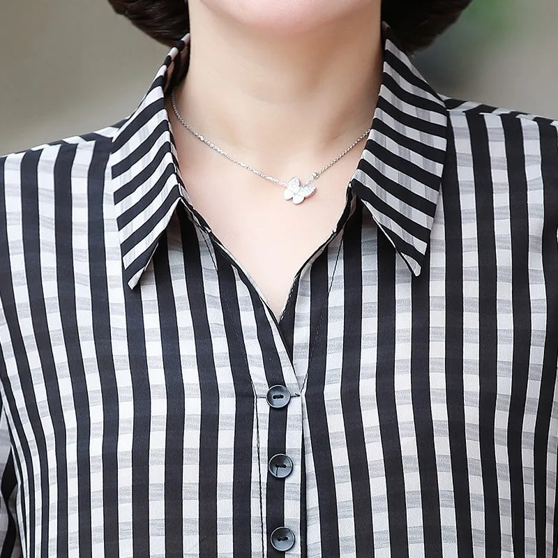 Elegant Plaid Print Loose Fit Button Down Shirt for Women with Turn Down Collar and Casual Half Sleeves Versatile Ladies Blouse Top for Everyday Wear