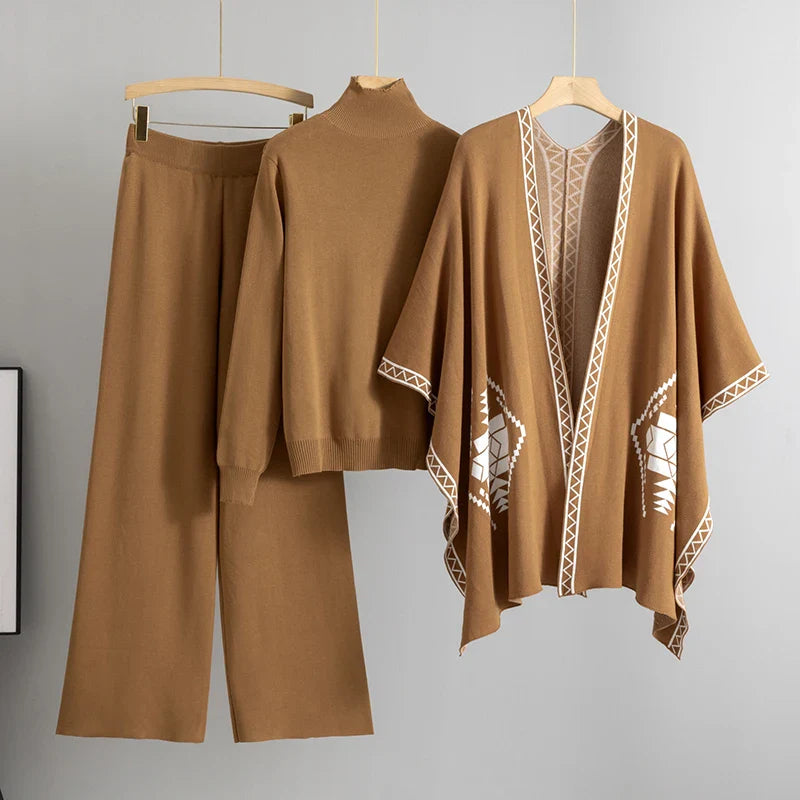 Cozy Knit Shawl and Wide Leg Pants Set with Elegant Turtleneck Sweater Women's 3-Piece Fall Outfit