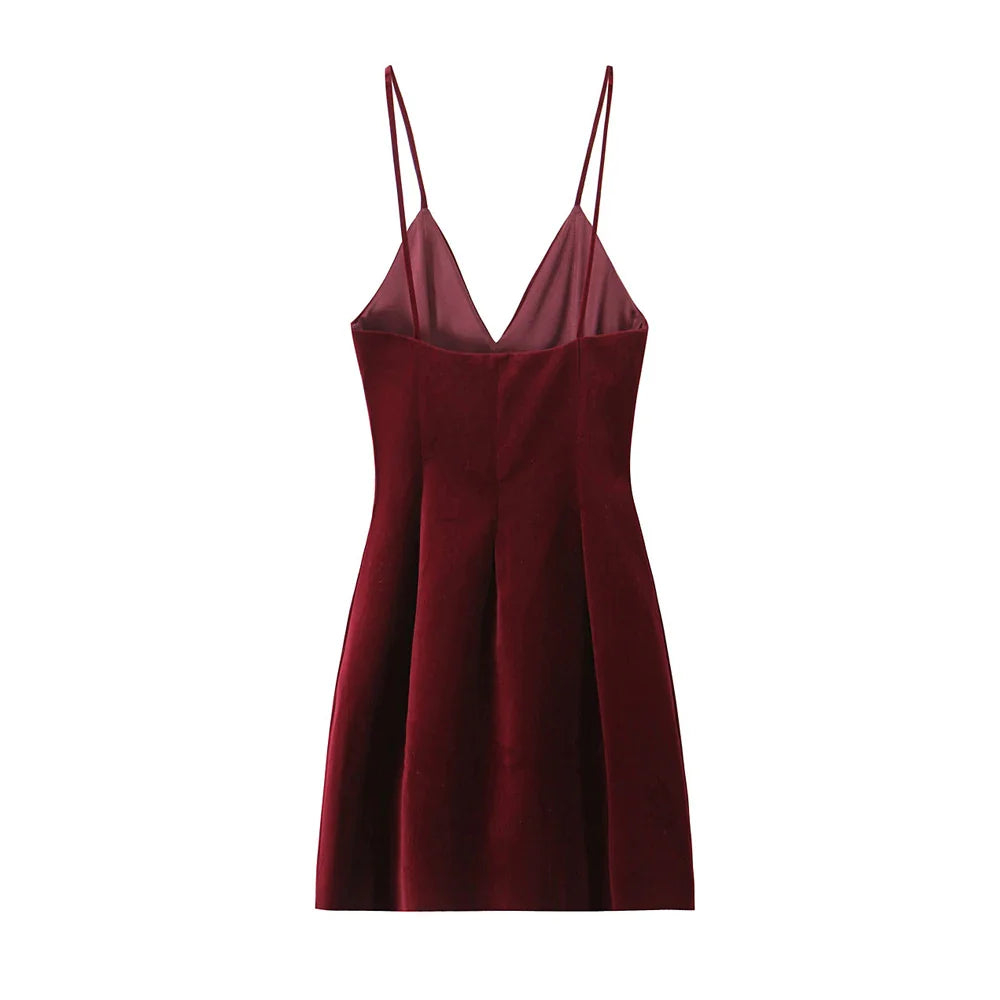 Velvet Fitted Mini Dress For Women V Neck Thin Straps Party