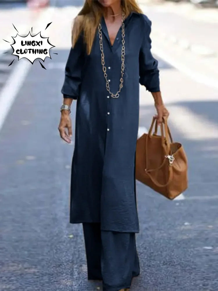 Elegant Women's Long Robe and Wide Leg Pants Two-Piece Set in Solid Color